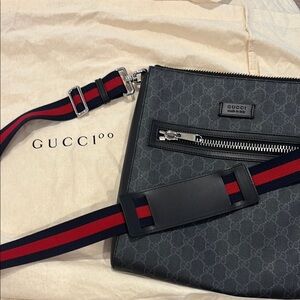 FINAL PRICE  -Gucci Black Messenger Bag with Monogram Canvas and Webbing Strap